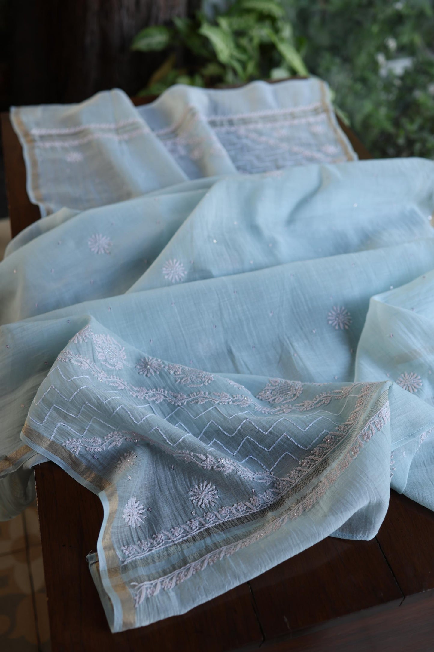 Pastel Blue Shade Malmal Pearl Work Chikankari Fabric
