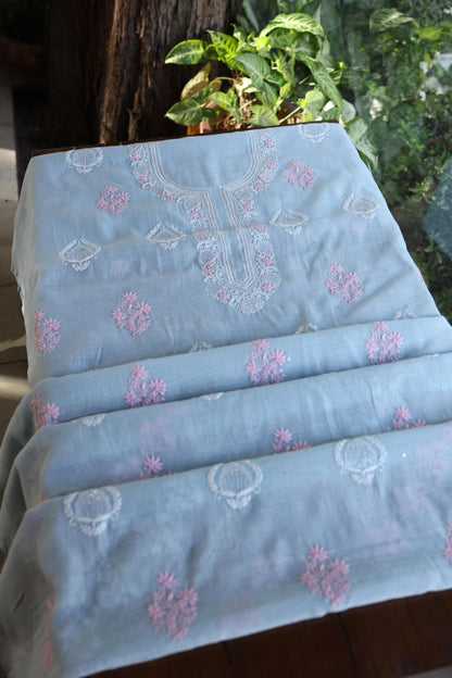 Pastel Blue Shade Malmal Pearl Work Chikankari Fabric