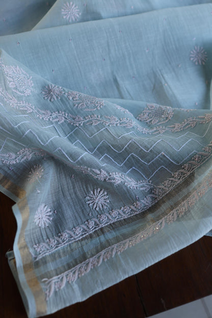 Pastel Blue Shade Malmal Pearl Work Chikankari Fabric