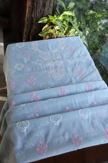 Pastel Blue Shade Malmal Pearl Work Chikankari Fabric
