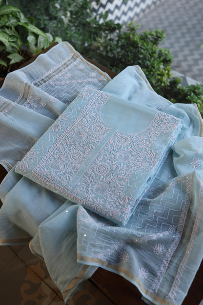 Pastel Blue Shade Malmal Pearl Work Chikankari Fabric