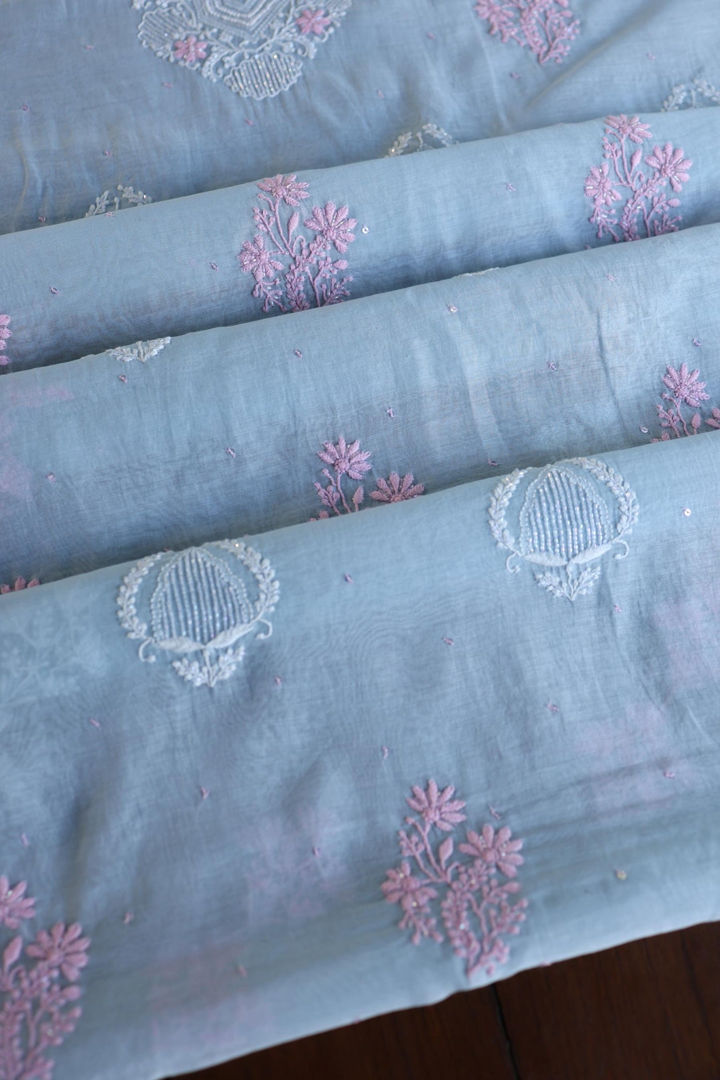 Pastel Blue Shade Malmal Pearl Work Chikankari Fabric