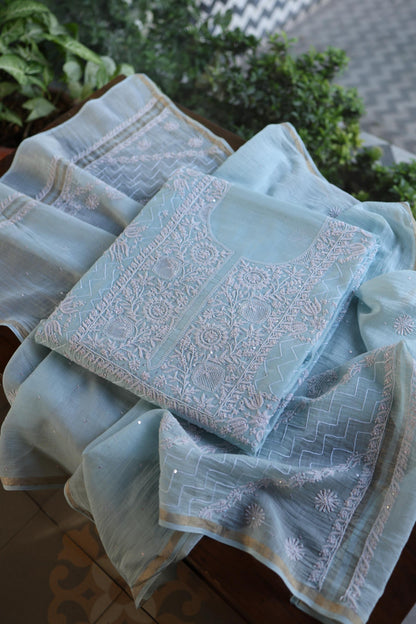 Pastel Blue Shade Malmal Pearl Work Chikankari Fabric