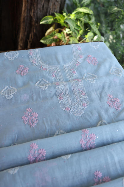 Pastel Blue Shade Malmal Pearl Work Chikankari Fabric