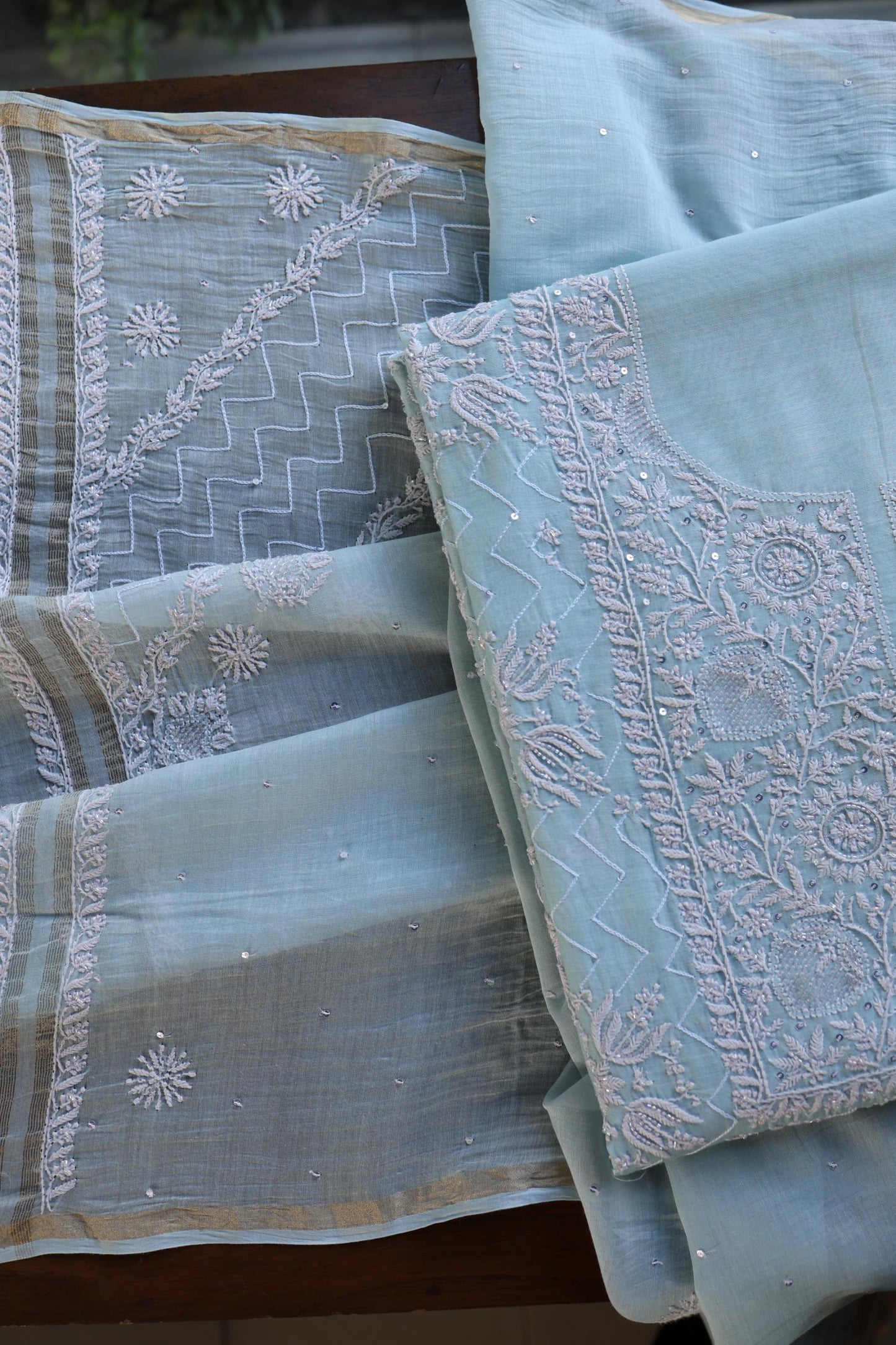 Pastel Blue Shade Malmal Pearl Work Chikankari Fabric