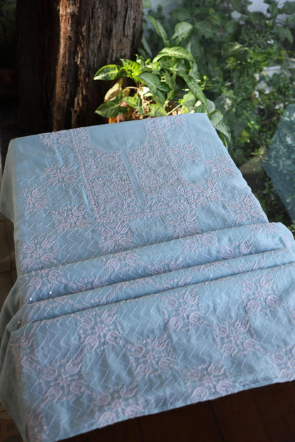 Pastel Blue Shade Malmal Pearl Work Chikankari Fabric