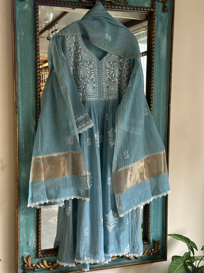 Pastel Blue Shade Malmal Tux Chikankari Kamdani Dress Kurta Set