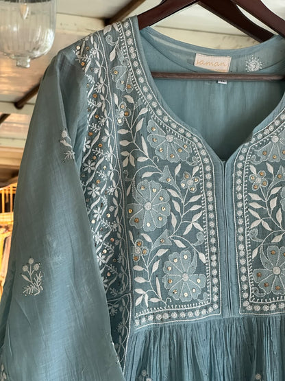 Pastel Blue Shade Malmal Tux Chikankari Kamdani Dress Kurta Set