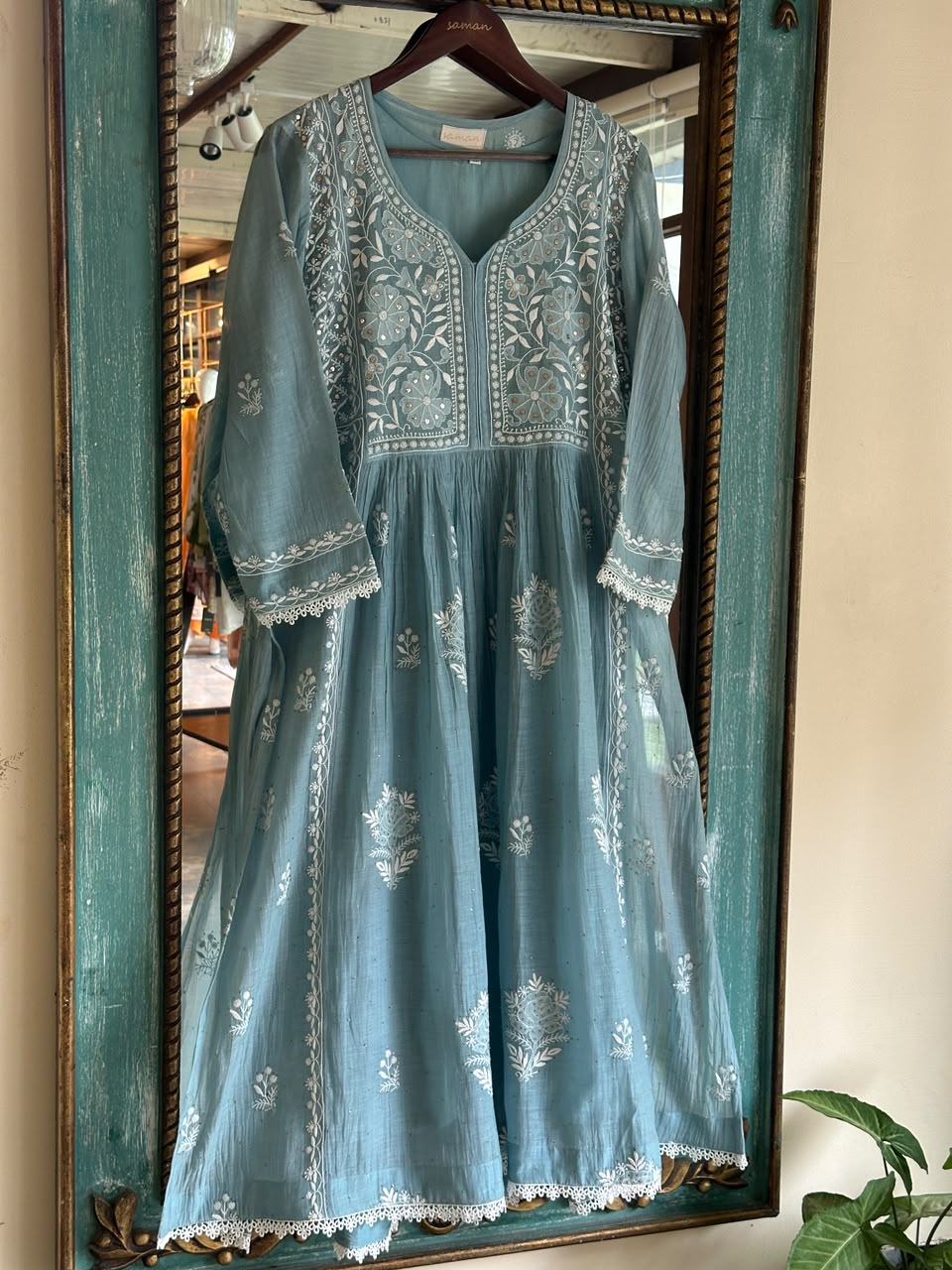 Pastel Blue Shade Malmal Tux Chikankari Kamdani Dress Kurta Set