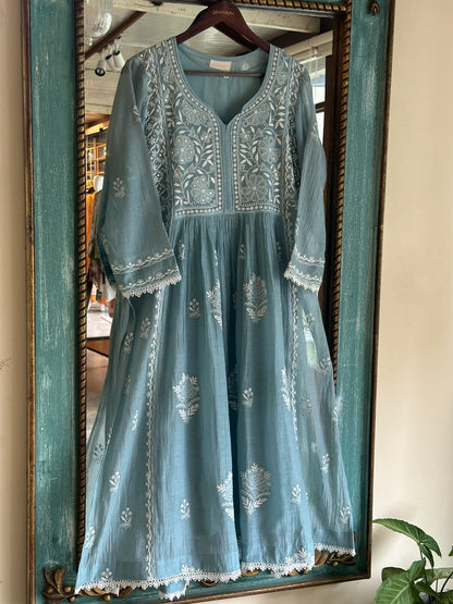 Pastel Blue Shade Malmal Tux Chikankari Kamdani Dress Kurta Set