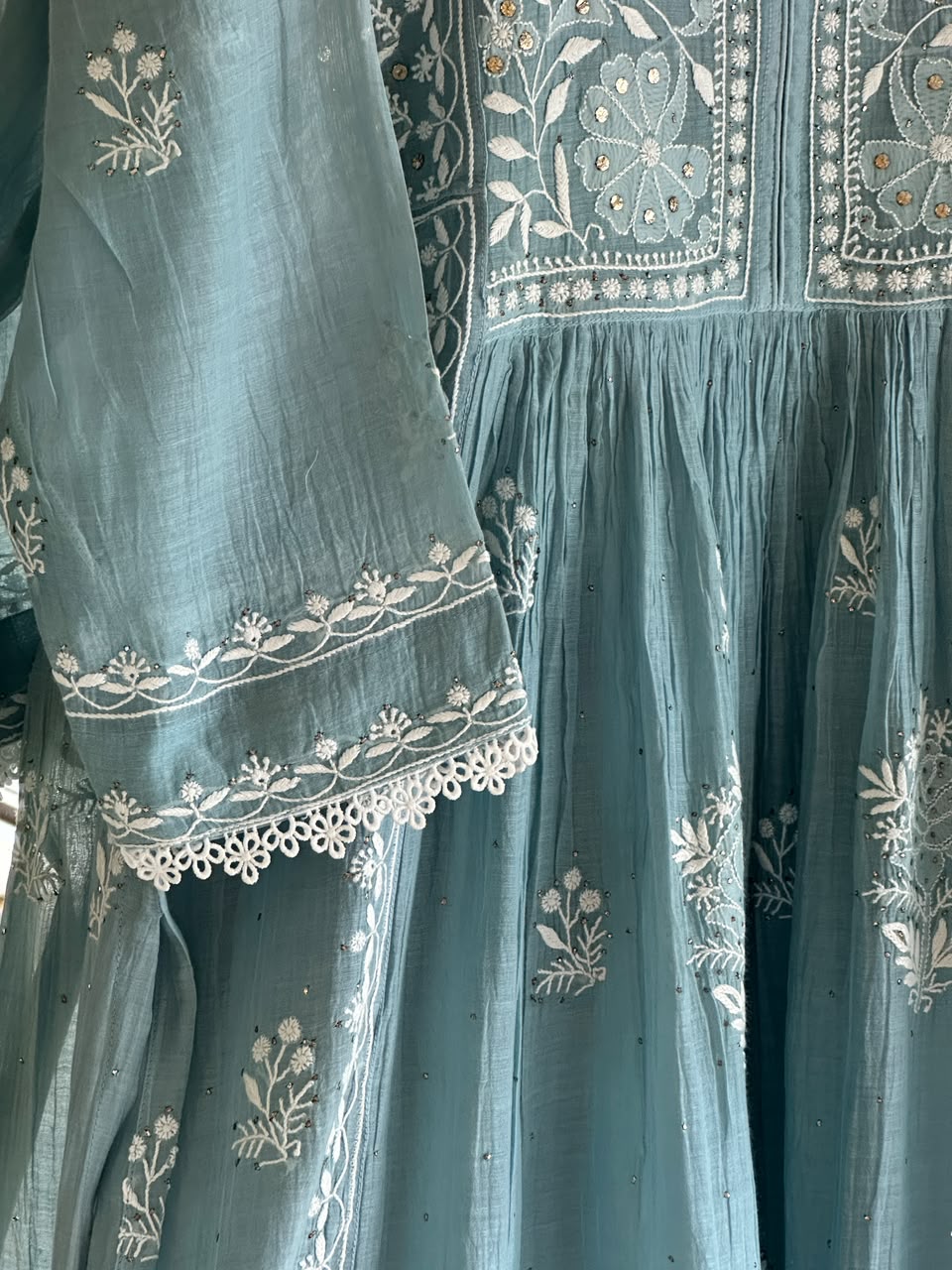 Pastel Blue Shade Malmal Tux Chikankari Kamdani Dress Kurta Set