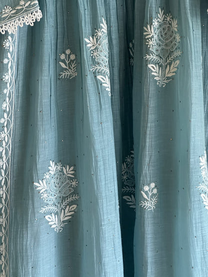 Pastel Blue Shade Malmal Tux Chikankari Kamdani Dress Kurta Set