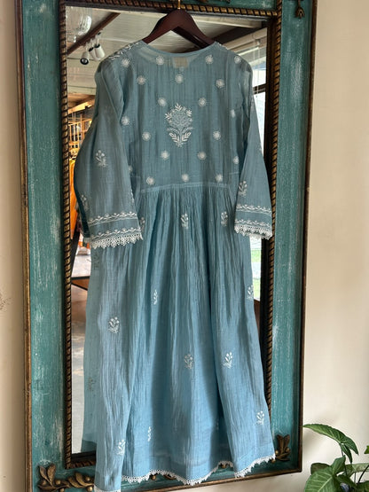 Pastel Blue Shade Malmal Tux Chikankari Kamdani Dress Kurta Set