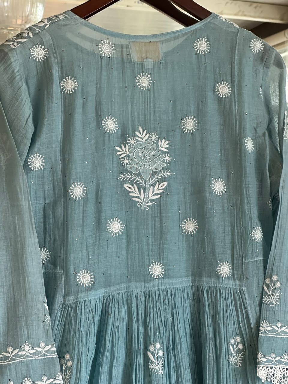 Pastel Blue Shade Malmal Tux Chikankari Kamdani Dress Kurta Set