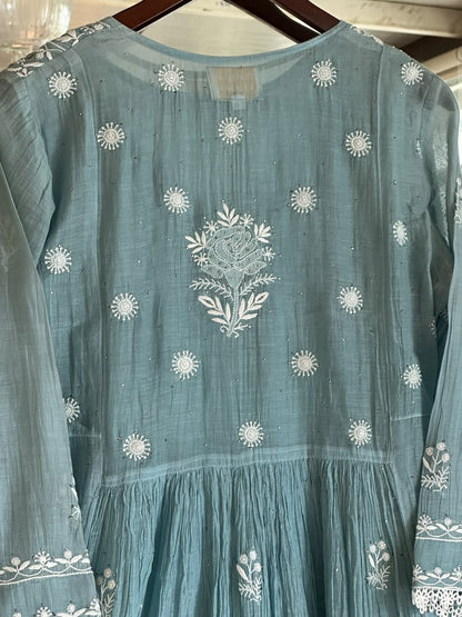 Pastel Blue Shade Malmal Tux Chikankari Kamdani Dress Kurta Set