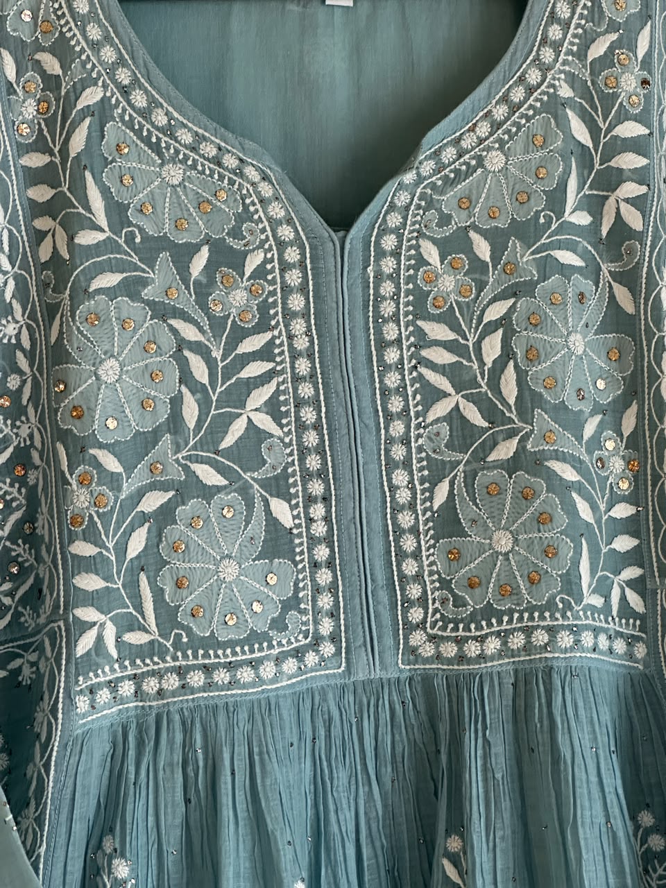 Pastel Blue Shade Malmal Tux Chikankari Kamdani Dress Kurta Set