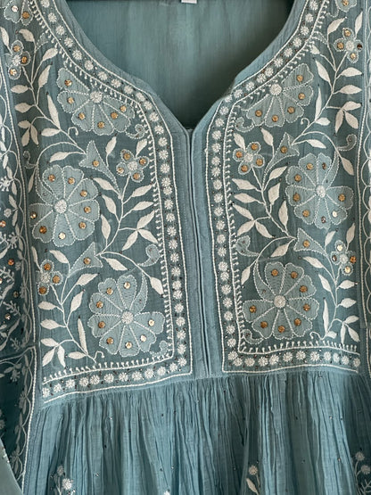 Pastel Blue Shade Malmal Tux Chikankari Kamdani Dress Kurta Set