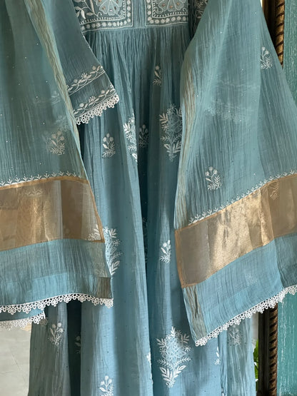 Pastel Blue Shade Malmal Tux Chikankari Kamdani Dress Kurta Set