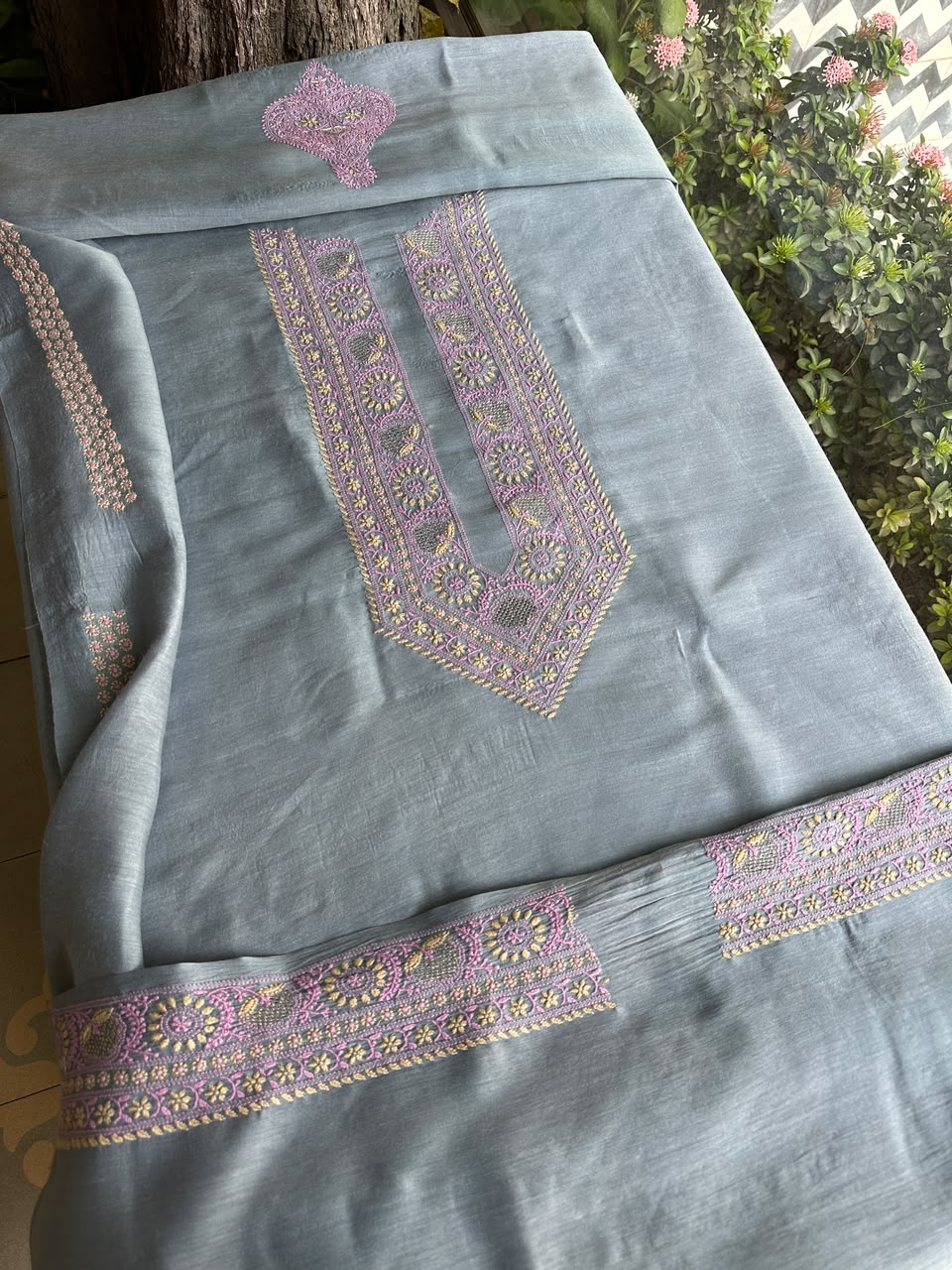 Pastel Blue Shade Moonga Silk Chikankari Men’s Kurta Fabric