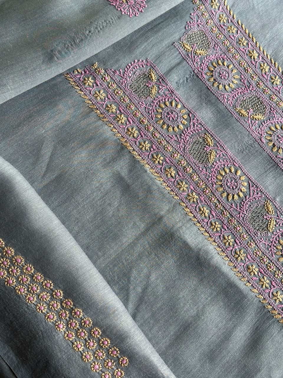 Pastel Blue Shade Moonga Silk Chikankari Men’s Kurta Fabric