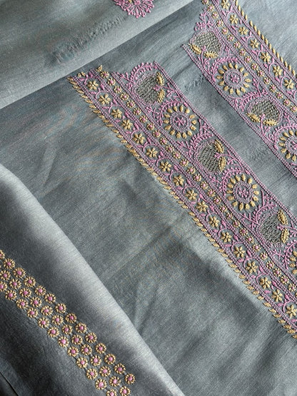 Pastel Blue Shade Moonga Silk Chikankari Men’s Kurta Fabric