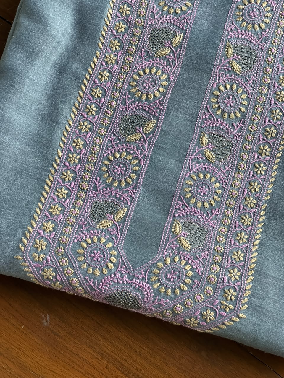 Pastel Blue Shade Moonga Silk Chikankari Men’s Kurta Fabric
