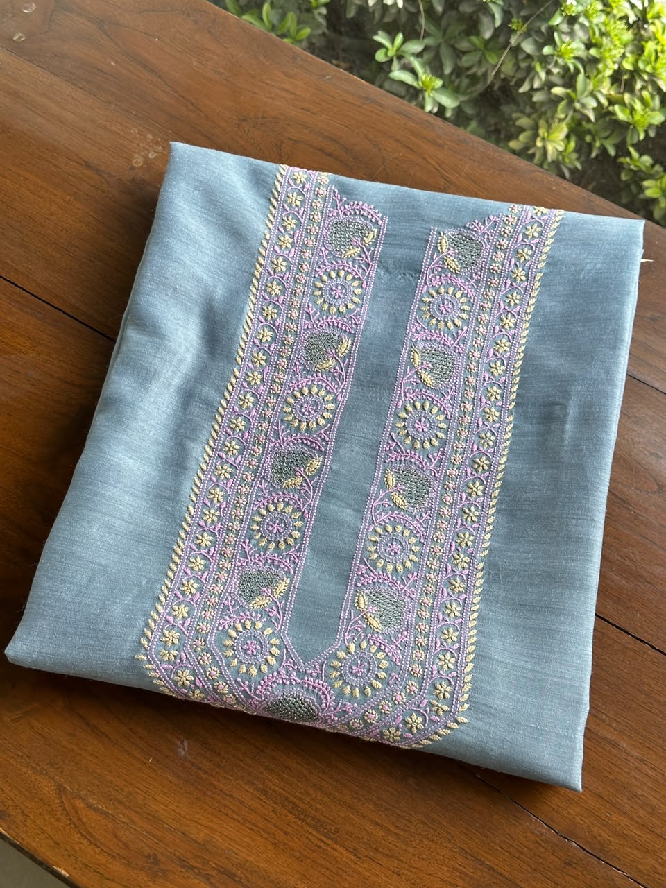 Pastel Blue Shade Moonga Silk Chikankari Men’s Kurta Fabric