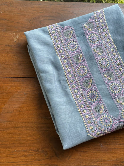 Pastel Blue Shade Moonga Silk Chikankari Men’s Kurta Fabric