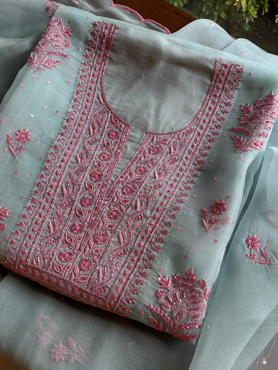 Pastel Blue Shade Noor Organza Silk Chikankari Unstitched Fabric