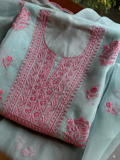 Pastel Blue Shade Noor Organza Silk Chikankari Unstitched Fabric