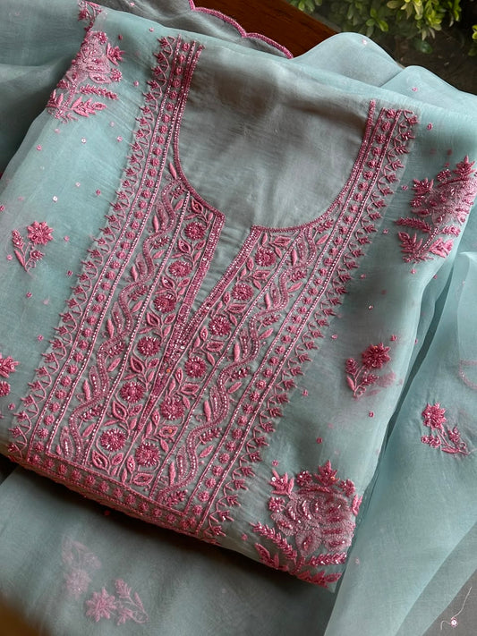Pastel Blue Shade Noor Organza Silk Chikankari Unstitched Fabric