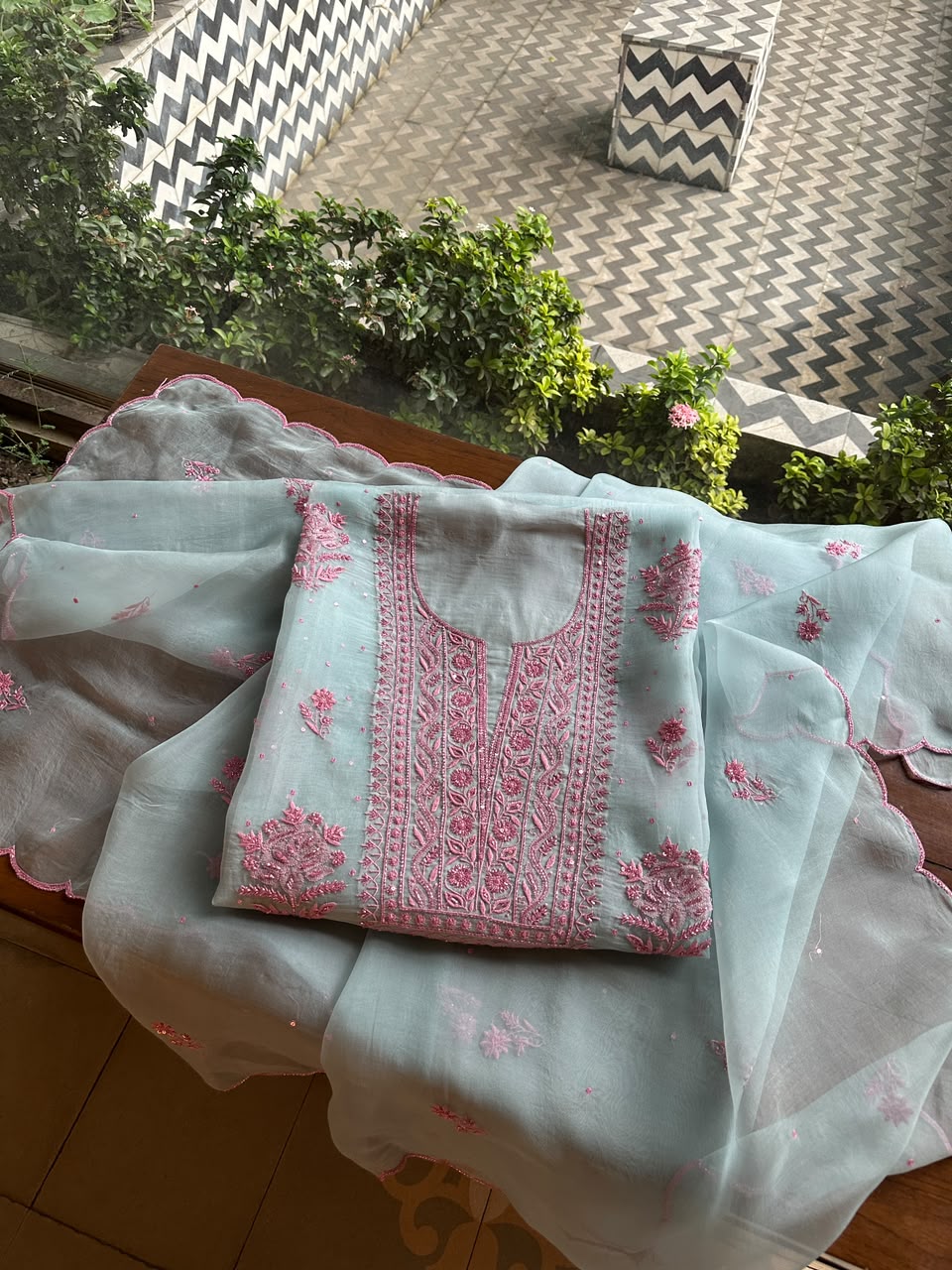 Pastel Blue Shade Noor Organza Silk Chikankari Unstitched Fabric