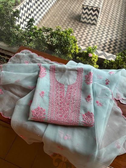Pastel Blue Shade Noor Organza Silk Chikankari Unstitched Fabric