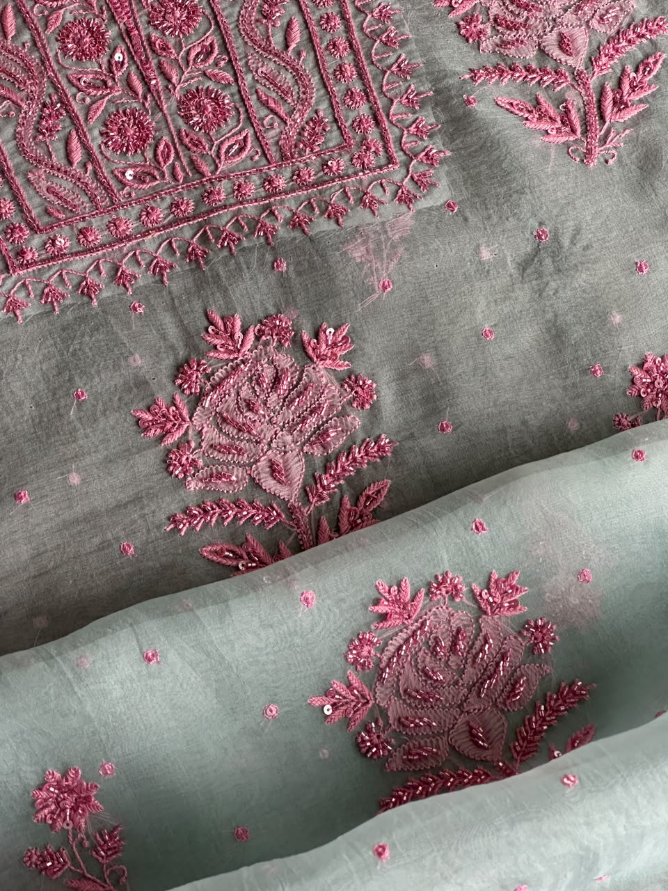 Pastel Blue Shade Noor Organza Silk Chikankari Unstitched Fabric