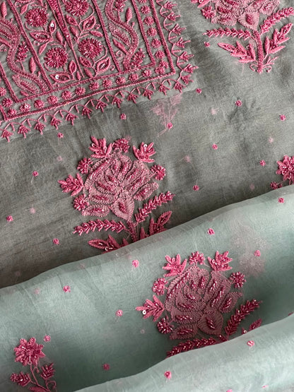 Pastel Blue Shade Noor Organza Silk Chikankari Unstitched Fabric