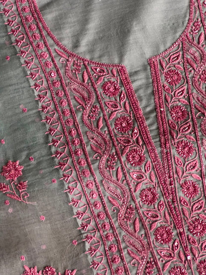 Pastel Blue Shade Noor Organza Silk Chikankari Unstitched Fabric