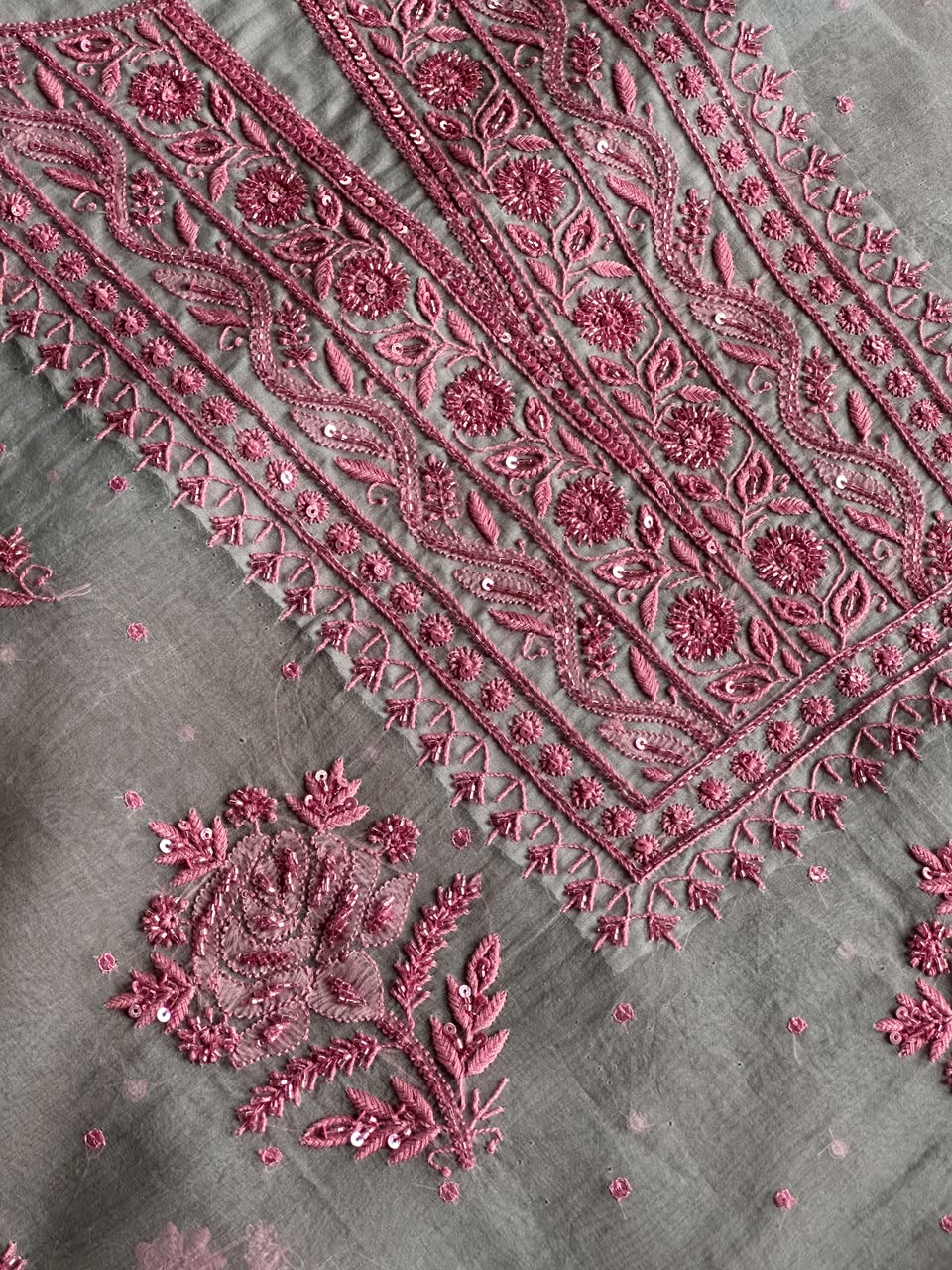 Pastel Blue Shade Noor Organza Silk Chikankari Unstitched Fabric