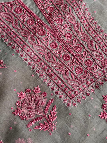 Pastel Blue Shade Noor Organza Silk Chikankari Unstitched Fabric
