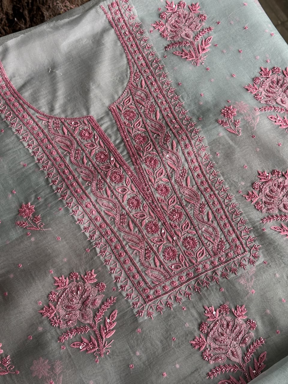 Pastel Blue Shade Noor Organza Silk Chikankari Unstitched Fabric