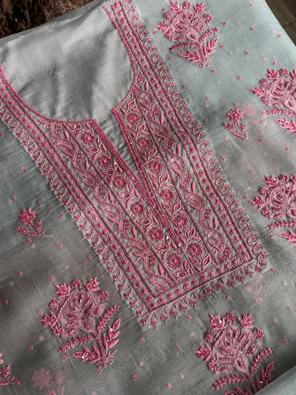 Pastel Blue Shade Noor Organza Silk Chikankari Unstitched Fabric