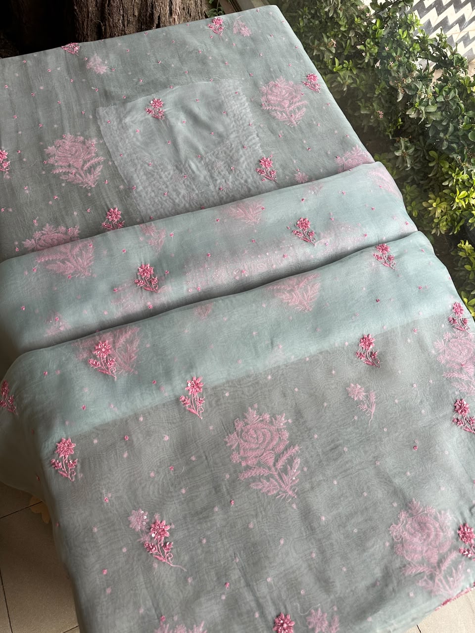 Pastel Blue Shade Noor Organza Silk Chikankari Unstitched Fabric