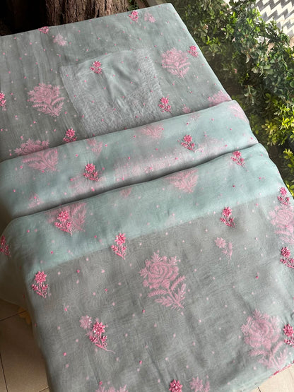 Pastel Blue Shade Noor Organza Silk Chikankari Unstitched Fabric