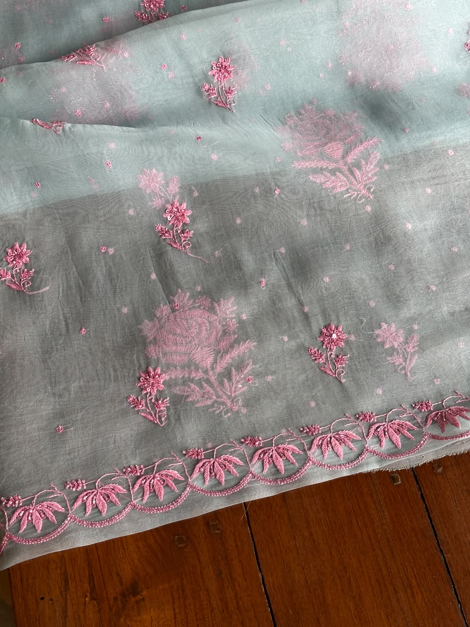 Pastel Blue Shade Noor Organza Silk Chikankari Unstitched Fabric