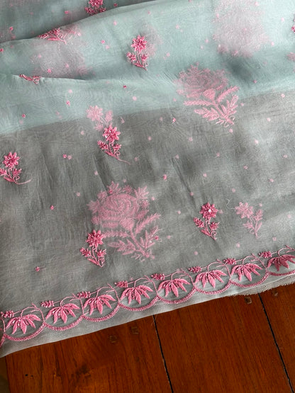 Pastel Blue Shade Noor Organza Silk Chikankari Unstitched Fabric