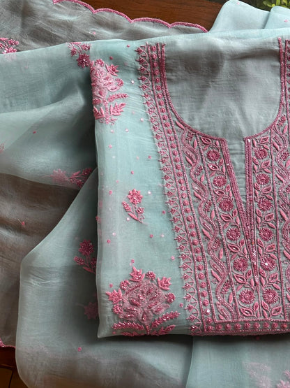 Pastel Blue Shade Noor Organza Silk Chikankari Unstitched Fabric