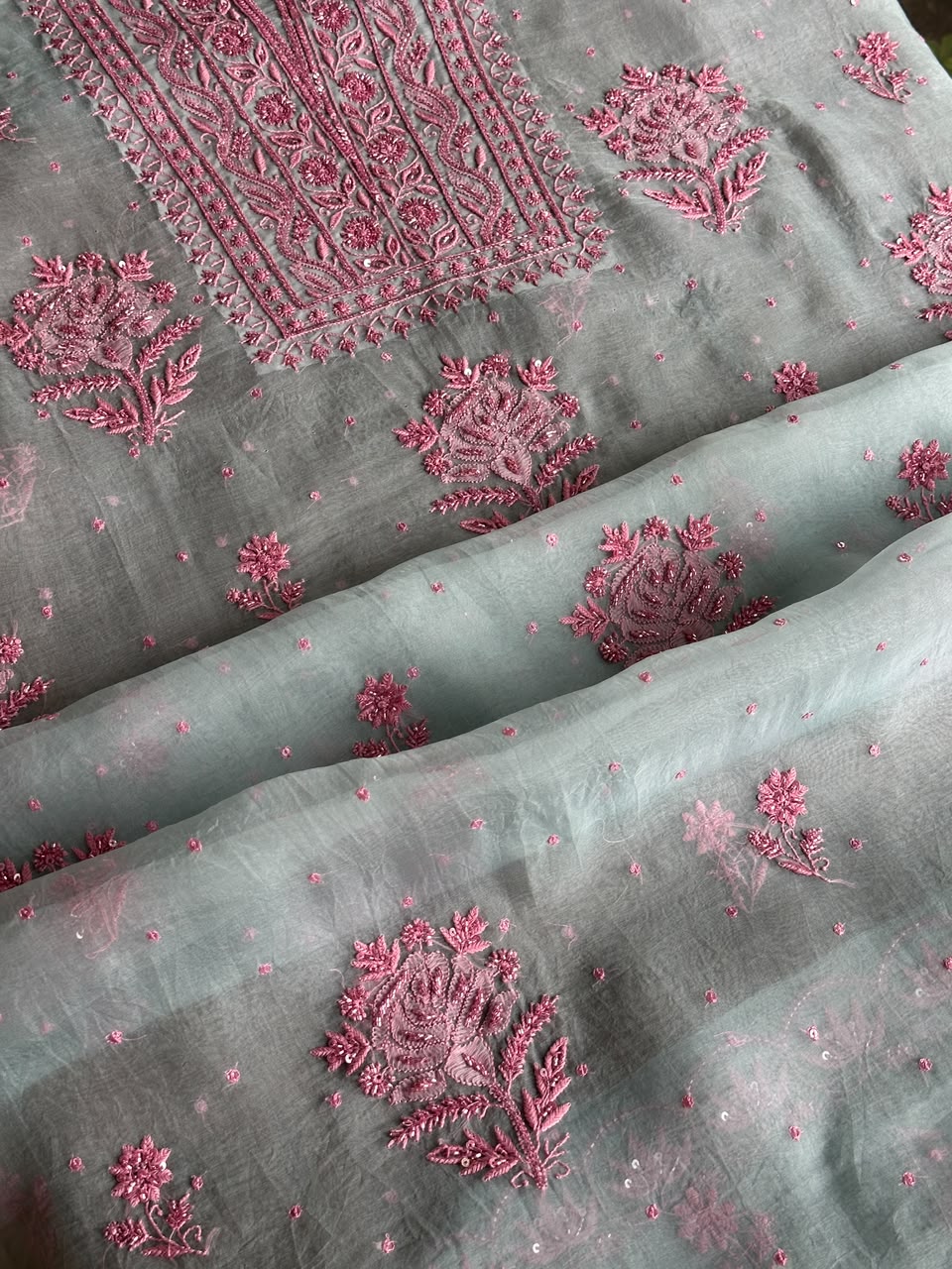 Pastel Blue Shade Noor Organza Silk Chikankari Unstitched Fabric