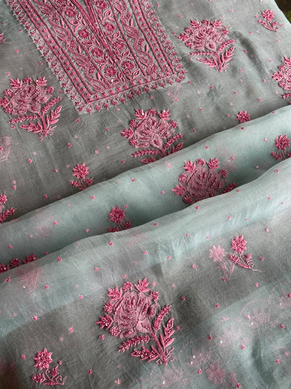 Pastel Blue Shade Noor Organza Silk Chikankari Unstitched Fabric