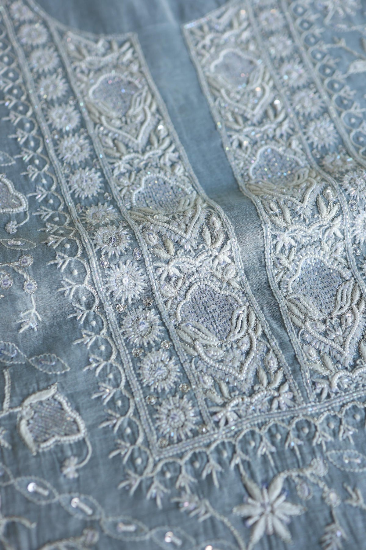 Pastel Blue Shade Silver Tissue Silk Chikankari Unstitched Fabric