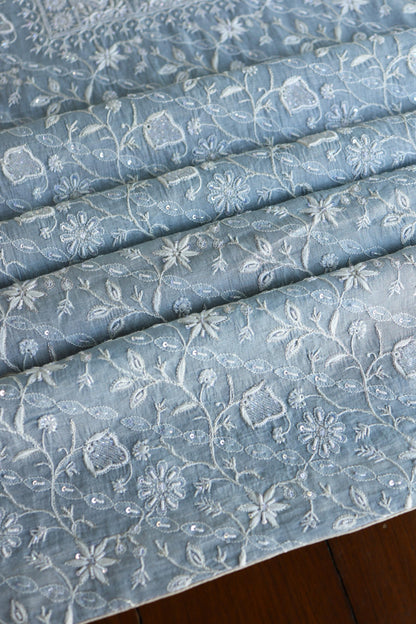 Pastel Blue Shade Silver Tissue Silk Chikankari Unstitched Fabric