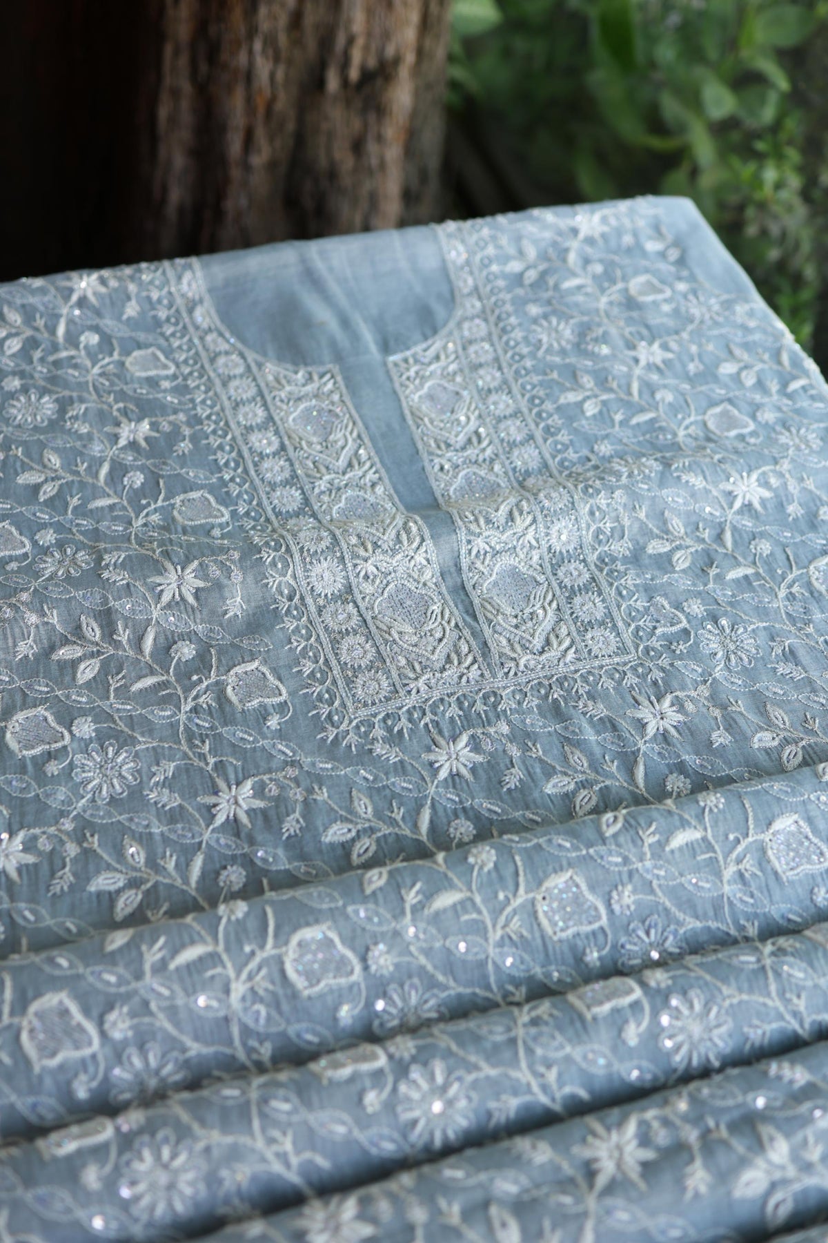 Pastel Blue Shade Silver Tissue Silk Chikankari Unstitched Fabric